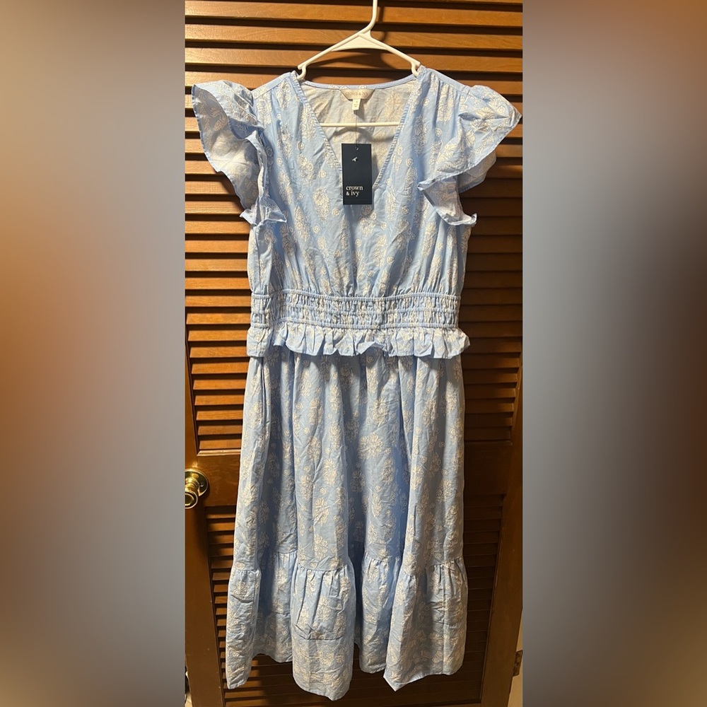 crown & ivy Light Blue Floral Ruffled Midi Dress